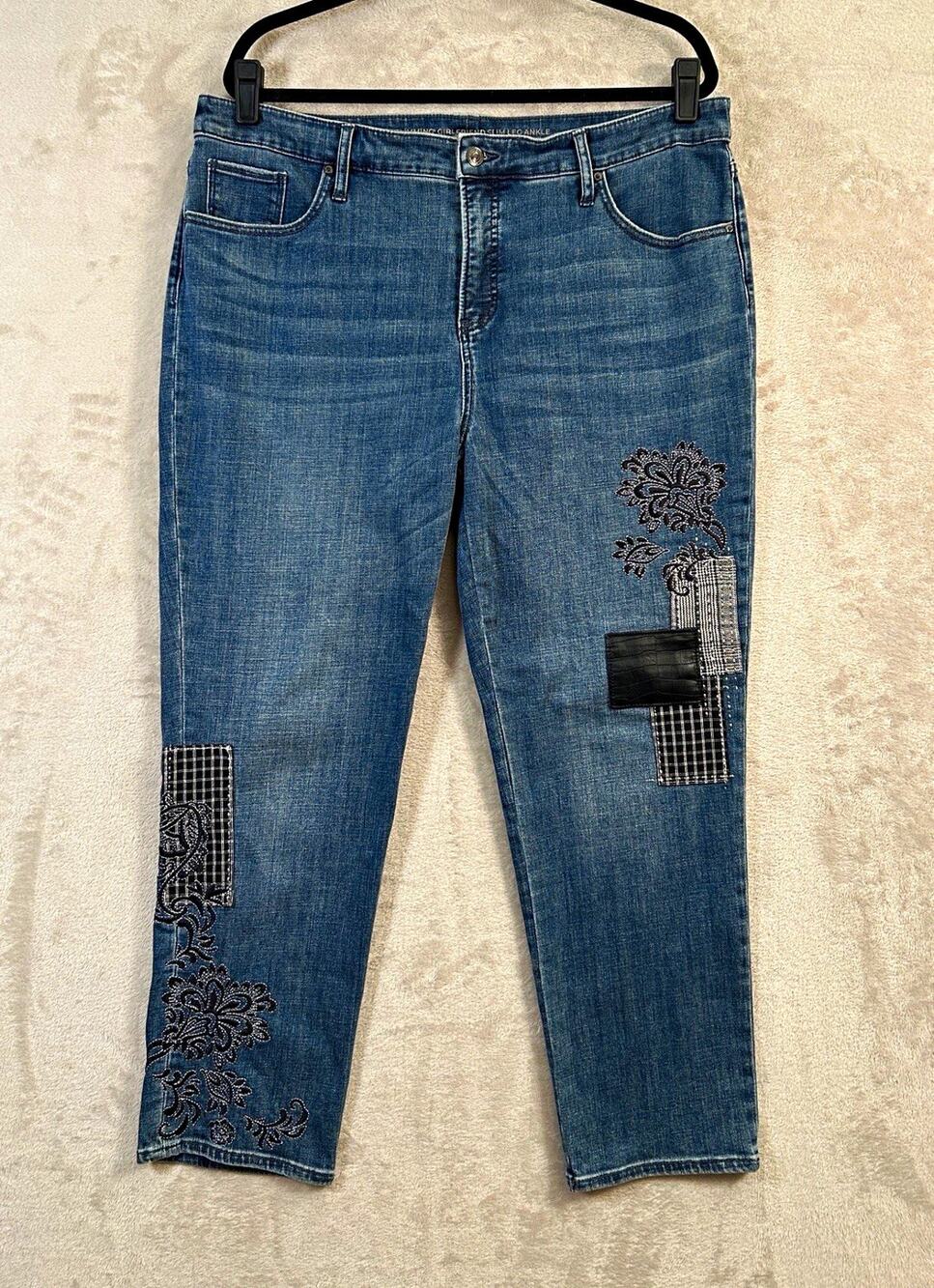 Chico's So Slimming Girlfriend Slim Leg Ankle Jeans Sz 16 Embroidered Patchwork